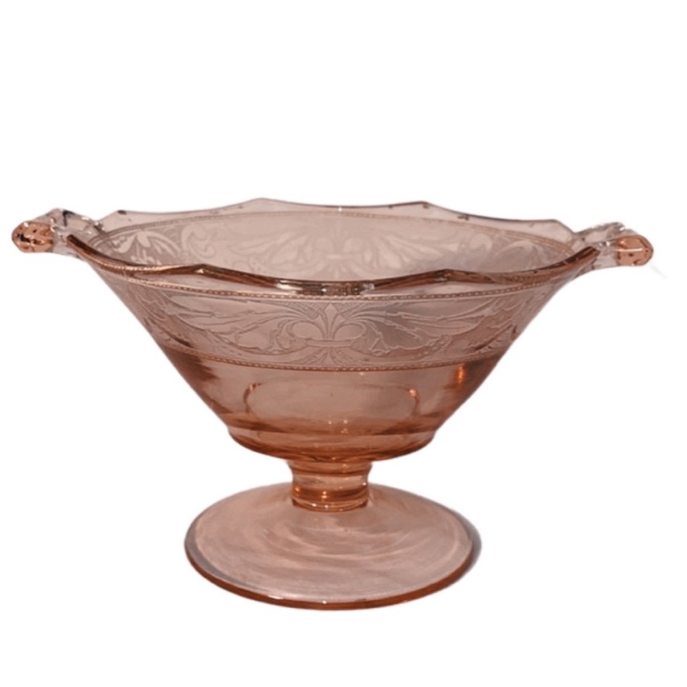 Vintage Elegant Pink Depression Glass Bowl with Handles - Picture 3 of 3